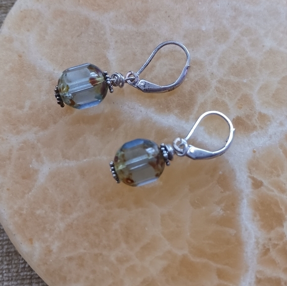 Silver Leverback Beveled Denim Brown Glass Beaded Dangle Earrings - Picture 2 of 12